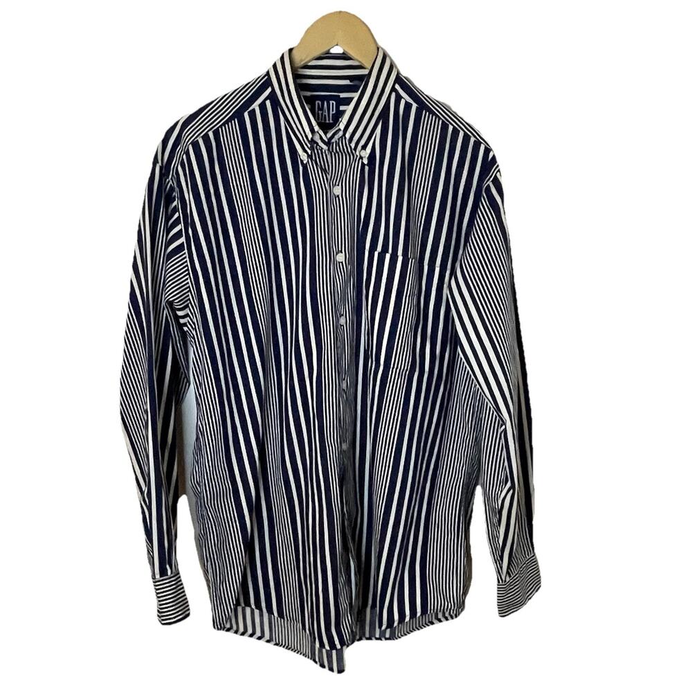 VTG 90s GAP Button Up Shirt Blue Vertical Stripe Classic Men Sz Med
